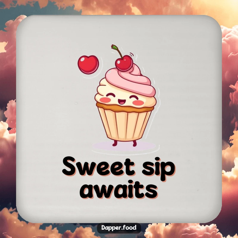 Funny drink coaster depicting a blushing cupcake character in the act of playfully tossing a cherry upwards.