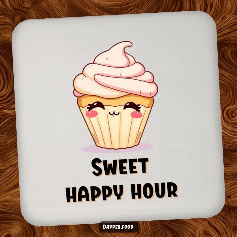 Funny drink coaster featuring a giggling cupcake character with frosting blowing a kiss, a sweet and functional accessory.
