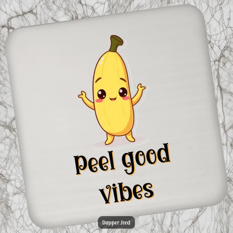 Funny Banana Coaster featuring a curious banana character with peel askew, striking a humorous pose, safeguarding drinks with style.