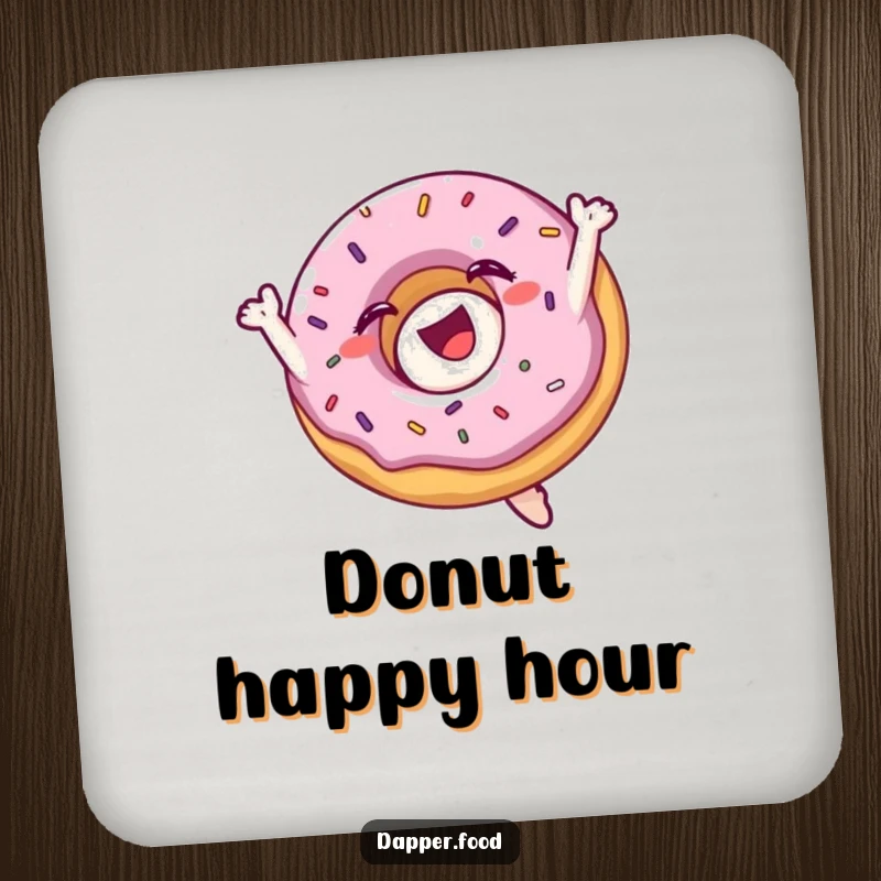 Funny drink coaster featuring a delighted donut character with sprinkles mid-flip, a sweet and functional accessory.