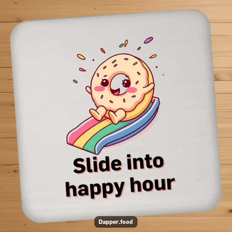 Funny drink coaster with a cheerful donut character with sprinkles flying as it slides down a rainbow, protecting surfaces humorously.