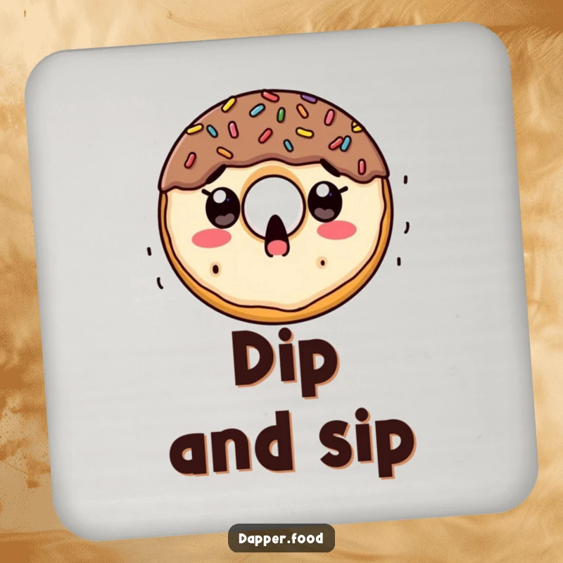 Funny drink coaster depicting a surprised doughnut character with wide eyes, as colorful sprinkles fall upon it.