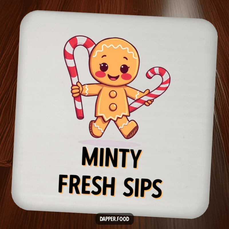Funny drink coaster with a gingerbread man character running with a large candy cane, protecting surfaces with a touch of holiday humor.