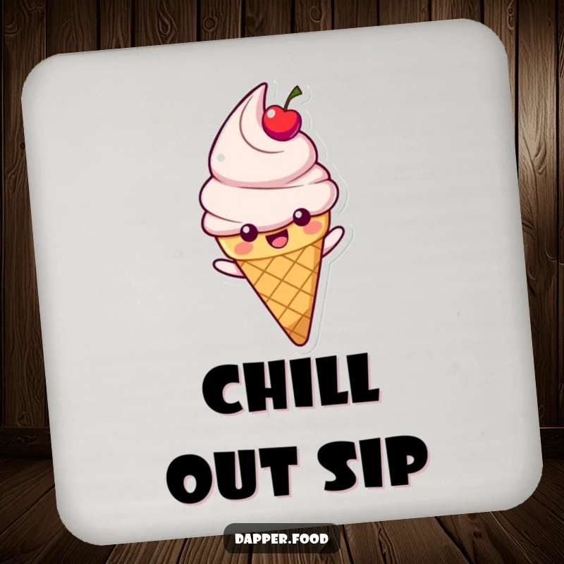 Funny drink coaster with a happy ice cream cone character with a cherry topping sliding, protecting surfaces humorously.