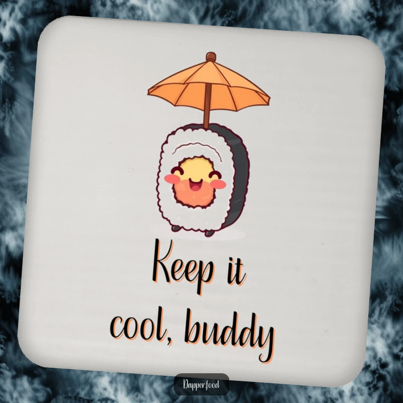 Funny Drink Coaster depicting a happy sushi roll balancing a tiny umbrella, adding charm and protection.
