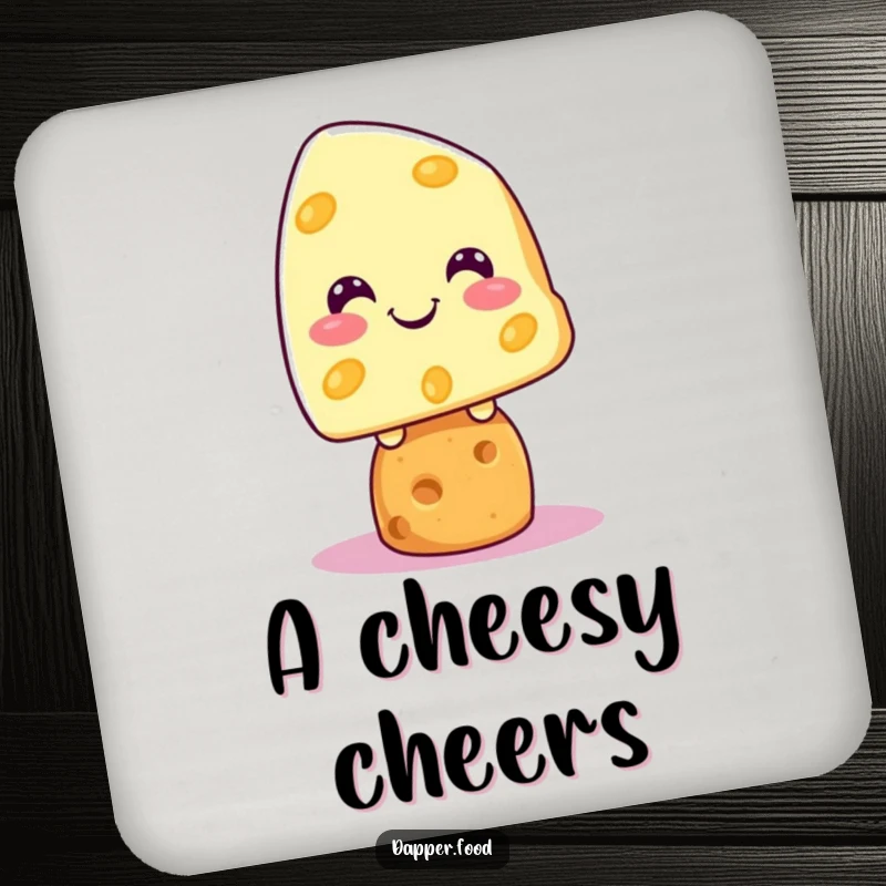 Funny Kawaii cheese character grinning on a cracker, presented on a round drink coaster.