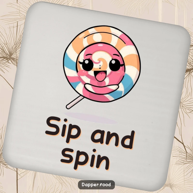 Funny Kawaii Lollipop Coasters: Set of coasters featuring a happy character spinning fast, protecting surfaces with humor, a nice funny gift.