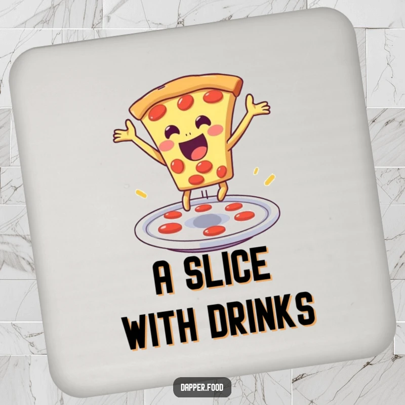Funny pizza drink coasters with a delighted pizza slice dramatically leaping from a plate, adding humor to beverage service.