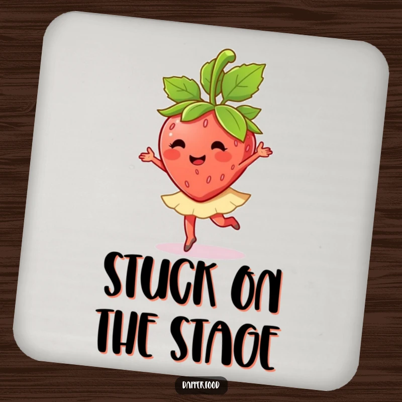 A happy strawberry character does a ballet twirl with its leaves on this funny drink coaster, adding charm.