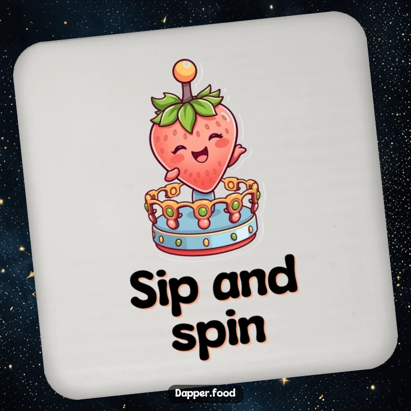 Funny Drink Coasters featuring a delighted strawberry character winking and joyfully spinning on a miniature merry-go-round.
