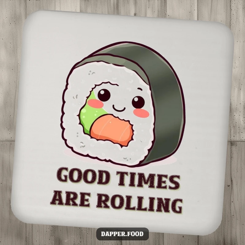 Funny Sushi Roll Drink Coaster: A cheerful sushi piece rolling happily, protecting surfaces with a touch of humor.