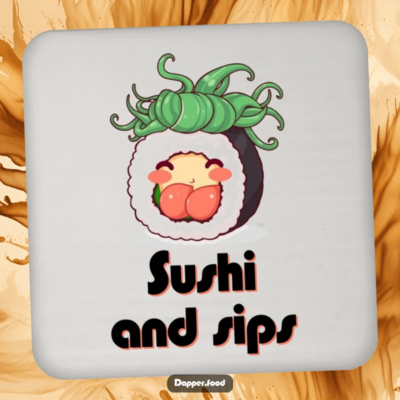 Funny drink coasters with a happy sushi roll spinning with seaweed hair, adding humor and protection to any surface.
