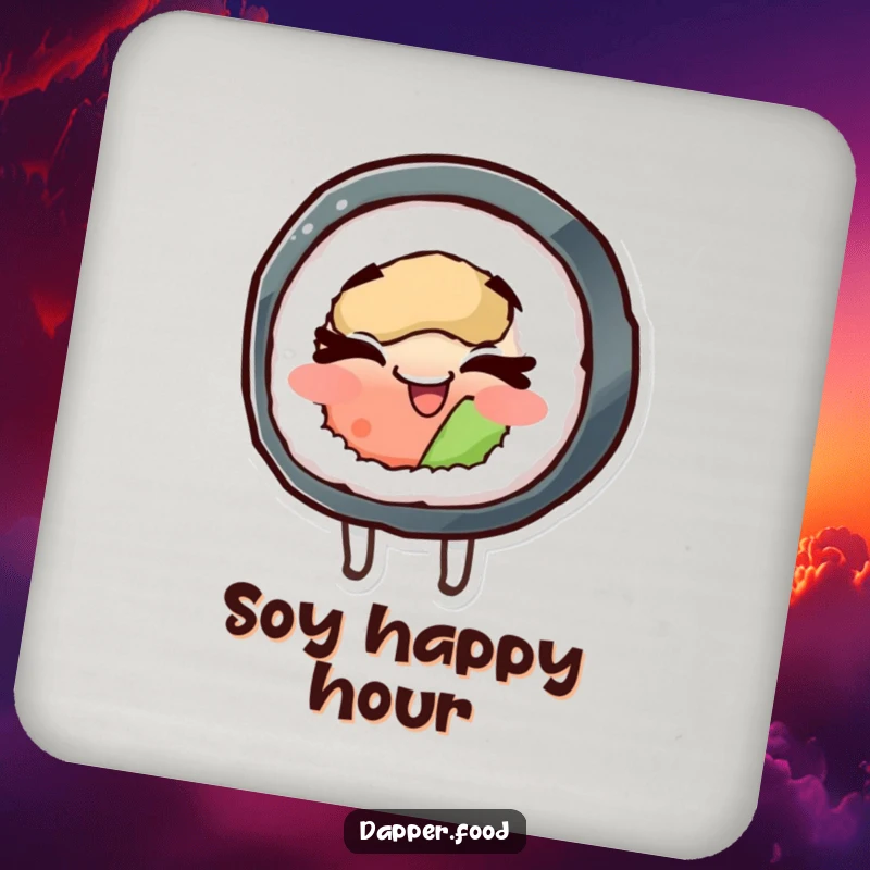Funny drink coaster featuring a cheerful sushi roll character spinning with eyes closed, a festive and functional accessory.