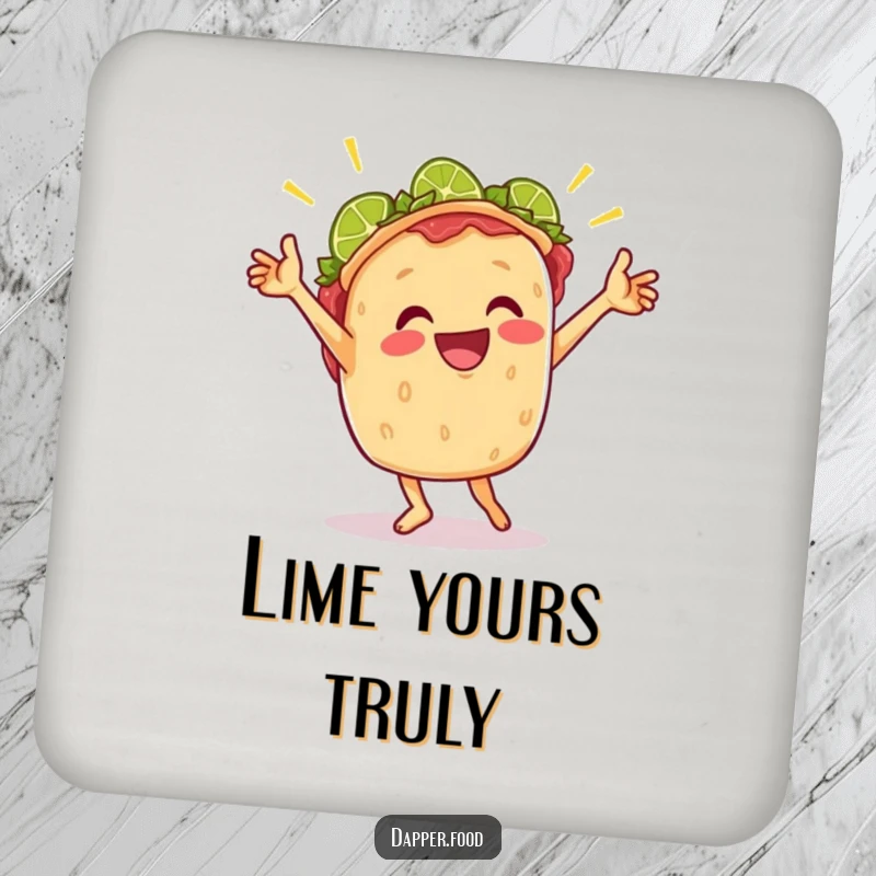 Funny drink coaster with a cheerful taco doing a joyful victory dance with lime wedges, offering protection and fun.