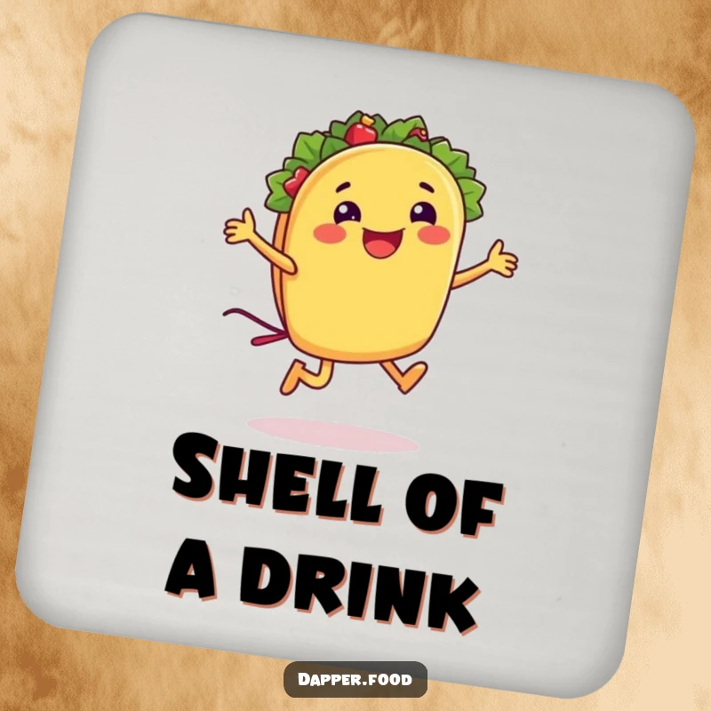 Funny taco drink coasters featuring a smiling taco character jumping rope with its shell, adding humor to beverage service.
