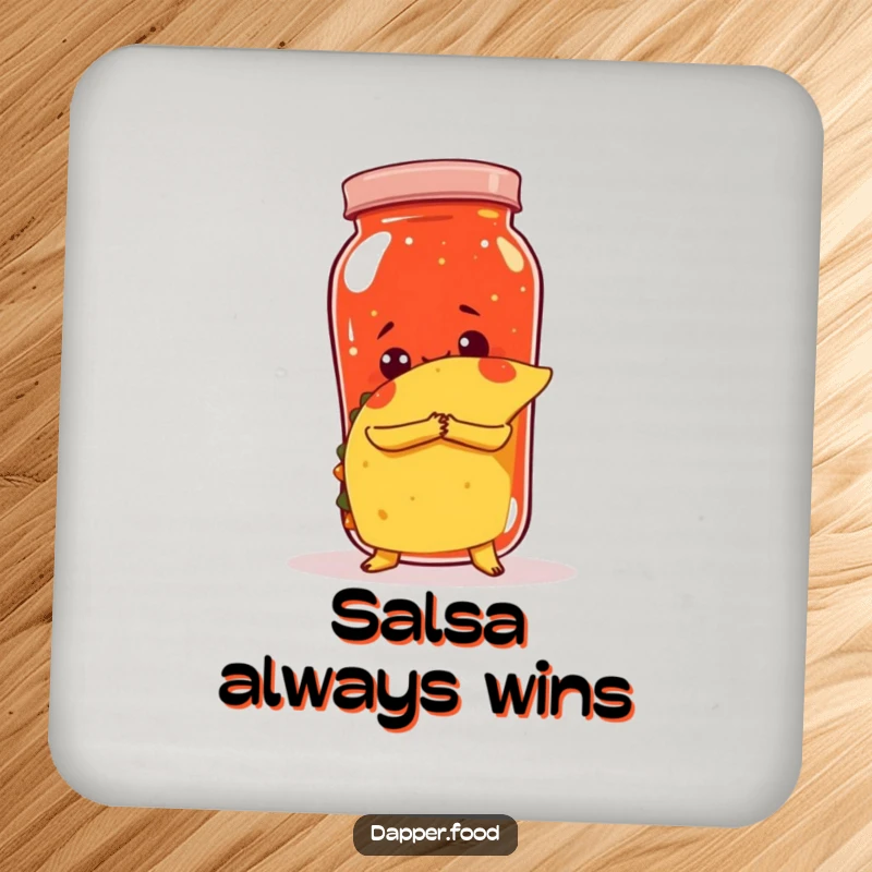Funny drink coaster with a taco attempting to hug a giant salsa jar, protecting surfaces with humor.