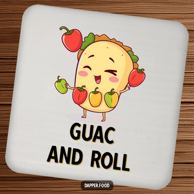 Funny drink coaster showcasing a winking taco character in the act of juggling three tiny bell peppers.