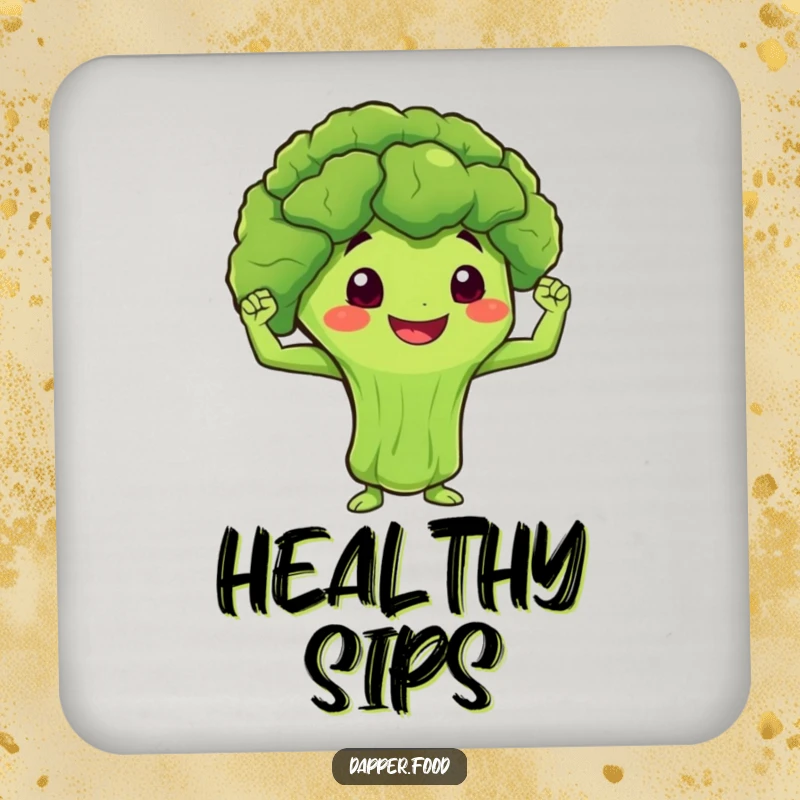 Funny Drink Coasters featuring a smiling broccoli character flexing miniature muscles, protecting surfaces with humor.