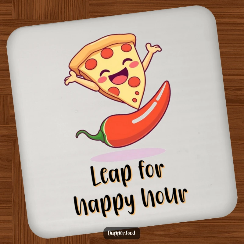 Funny drink coaster showing a pizza slice dramatically leaping over a chili pepper, protecting surfaces with humor.