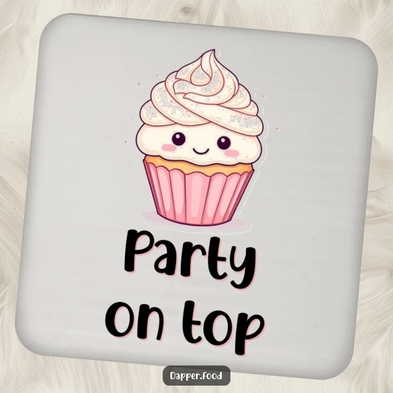 Funny cupcake drink coaster featuring a delightful confetti shower, adding a festive and joyful touch to tabletops.
