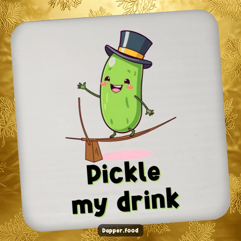 Funny Coaster: A grinning anthropomorphic pickle character in a top hat wobbles on a tightrope, a humorous and protective accessory.
