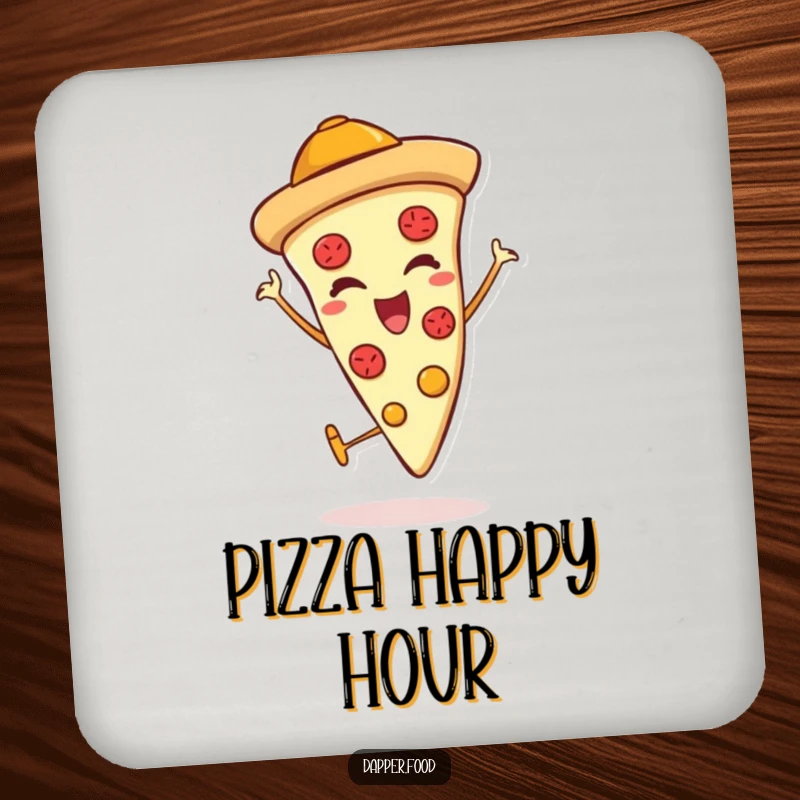 Funny drink coaster featuring a pizza slice character winking and giving a thumbs up, a cheesy and functional accessory.