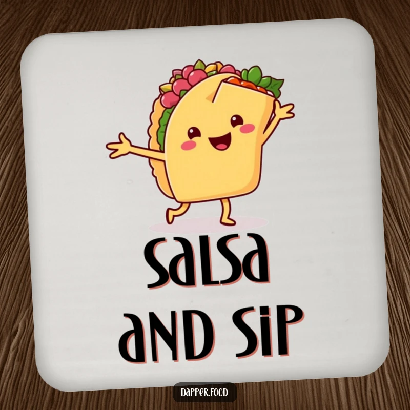 Funny drink coaster with a happy taco dancing salsa with a cheerful burrito, adding festive and humorous surface protection.