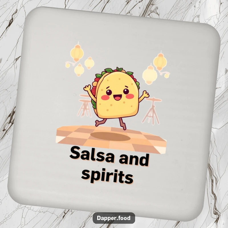 Funny Drink Coasters featuring a happy taco character doing a lively salsa jig, protecting furniture with humor.