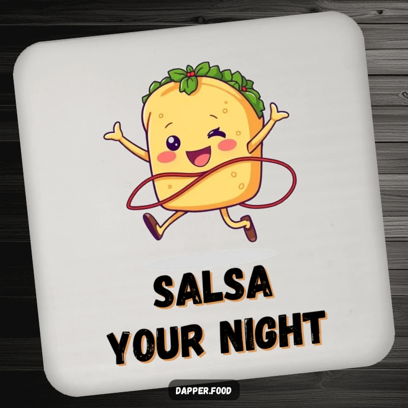 Funny taco character jumping rope on a coaster, offering humorous protection for surfaces.