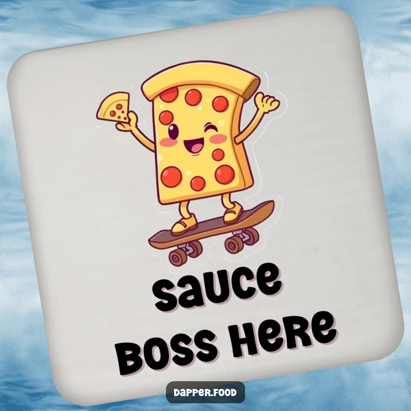 Funny drink coaster featuring a smiling pizza slice character balancing dynamically on a skateboard, ready to roll.