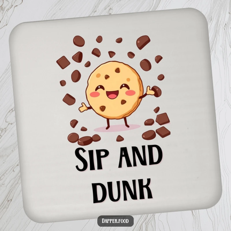 Funny drink coaster with a grinning cookie enthusiastically juggling chocolate chips, offering protection and sweetness.