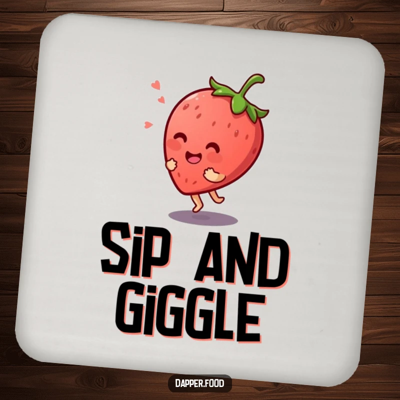 Funny Kawaii strawberry character giggling while bouncing on its stem, presented on a round drink coaster.