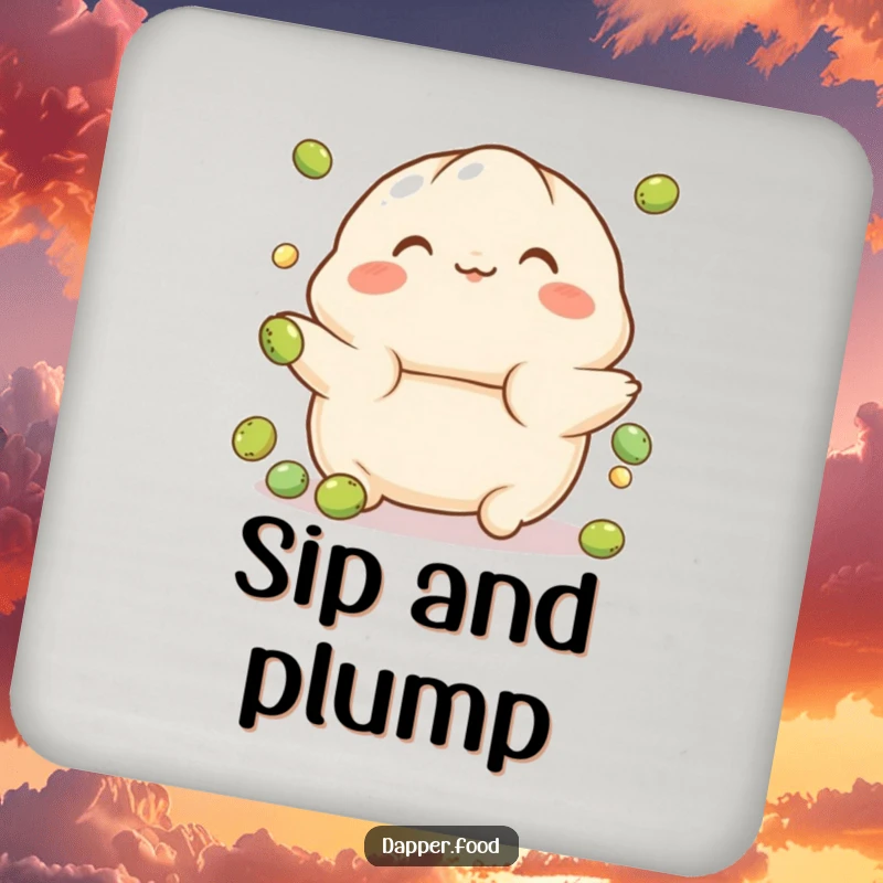 Funny drink coaster with a playful, rosy-cheeked dumpling character juggling small peas, protecting surfaces humorously.