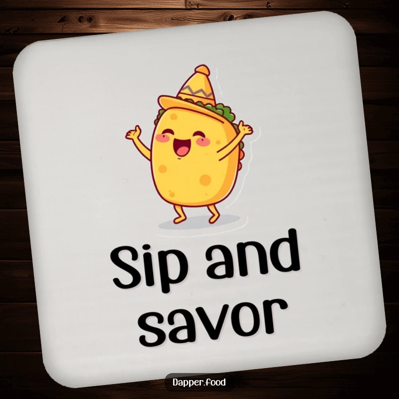 Funny Taco Coasters, happily dancing with a tiny sombrero, offering humorous fiesta protection for drinkware.