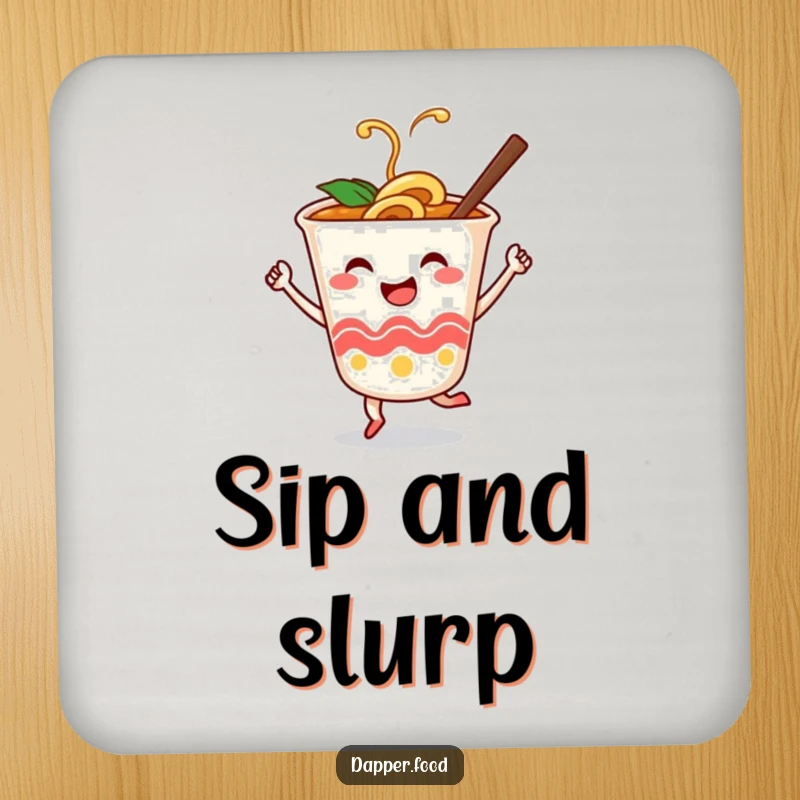 Funny drink coasters showing a smiling ramen cup character dancing with chopsticks, adding humor to tabletops.