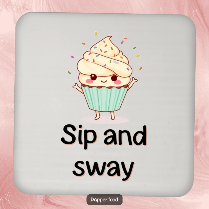 Funny Kawaii cupcake coaster featuring a cute character dancing with sprinkles flying.