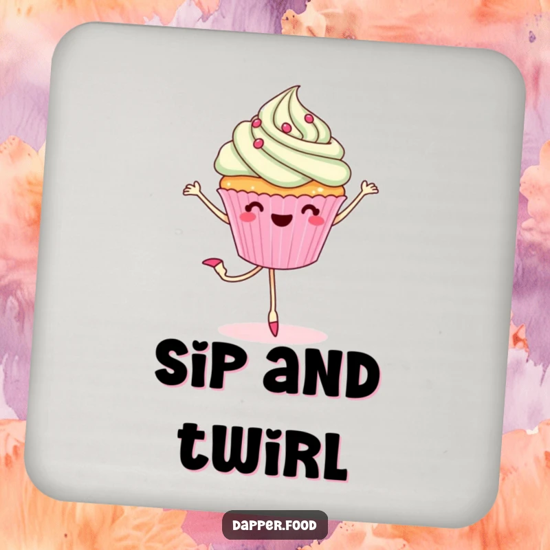 Funny coaster showing a cheerful cupcake with legs performing a ballet pirouette, adding a touch of sweet artistry to drinks.
