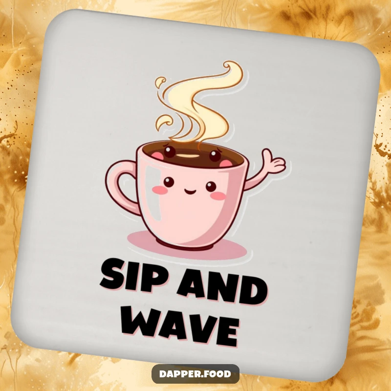 Funny Coffee Cup Coaster featuring a charming character with swirling steam, waving, safeguarding drinks with a touch of warm humor.
