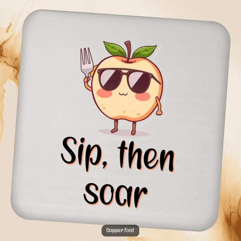 Funny drink coaster showing a blushing apple character with legs and wings, comically trying to fly with a ribbon, for surface protection.