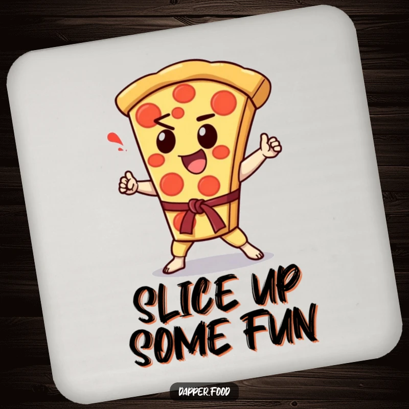 Funny Kawaii pizza slice character performing a karate chop, presented on a round drink coaster.