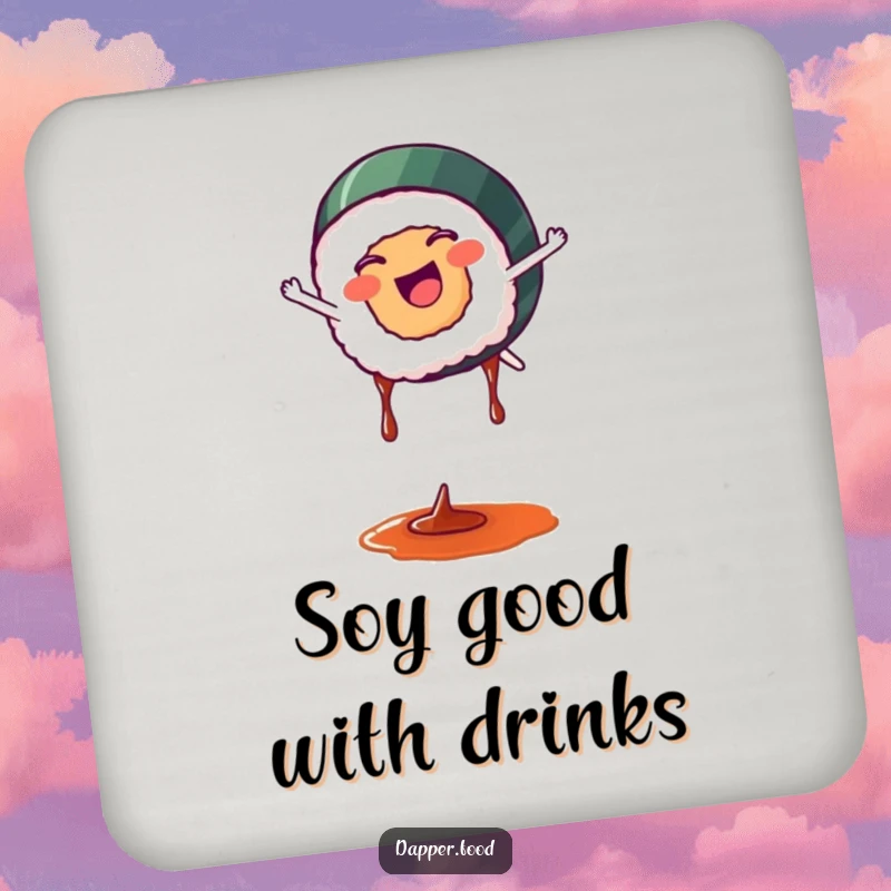 Funny sushi drink coasters with a happy sushi piece cartwheeling with soy sauce drips, adding humor to any table.