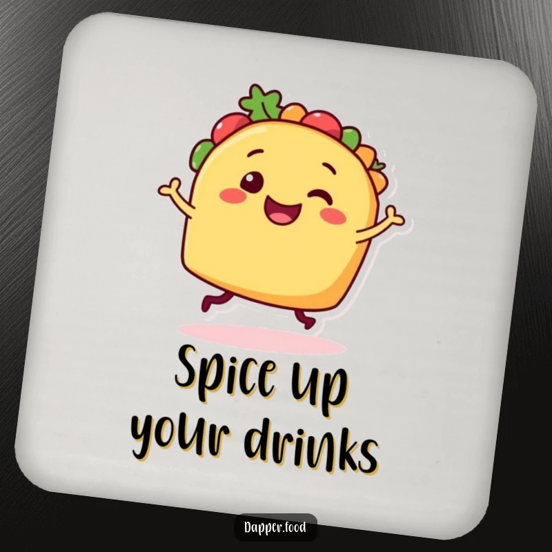 Funny Taco Dancer Drink Coaster: A smiling taco character cheerfully dancing, protecting surfaces with a humorous flair.