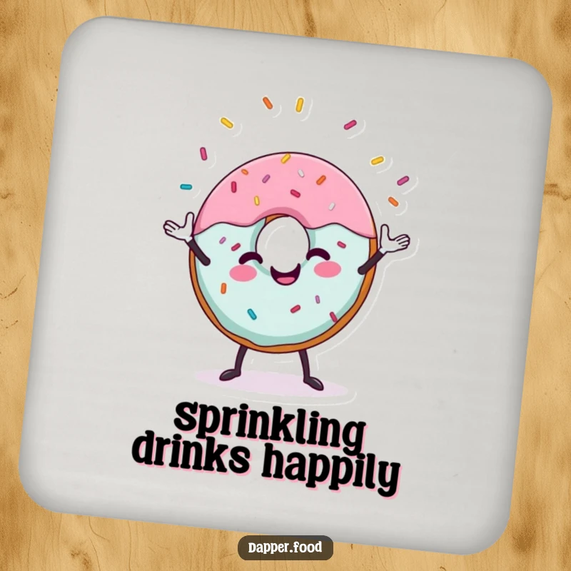 Funny donut drink coasters with a cheerful donut character juggling sprinkles, adding sweet humor to beverage service.
