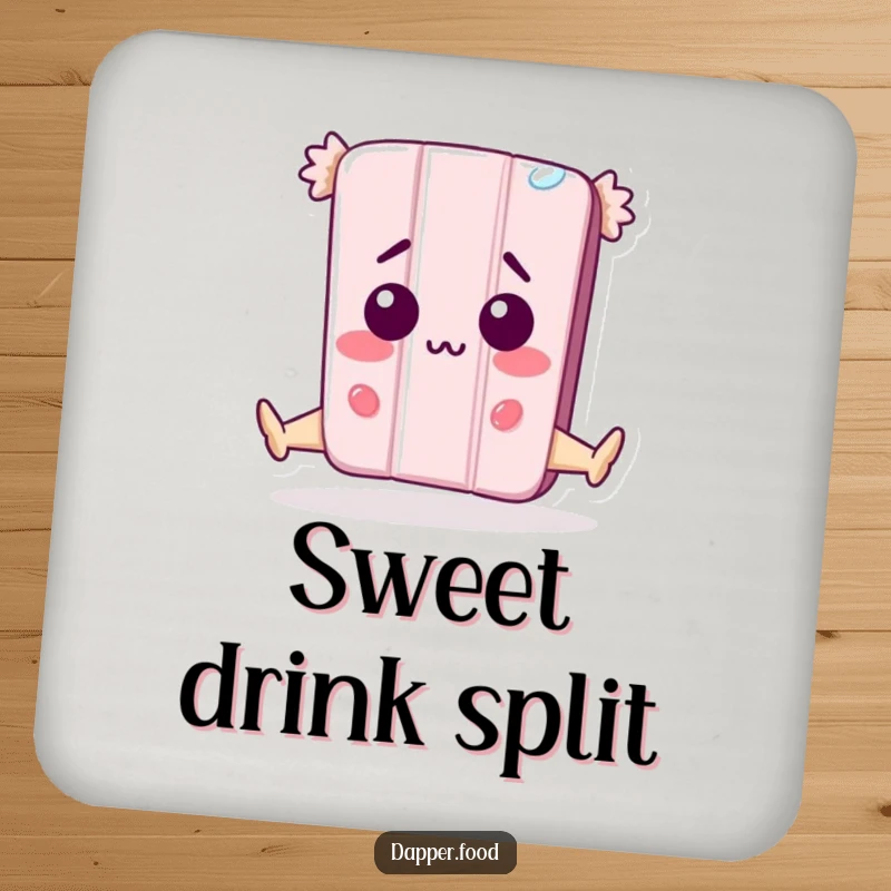 Funny Coaster: A happy anthropomorphic candy bar character performs a split, looking surprised, a humorous and protective accessory for drink surfaces.