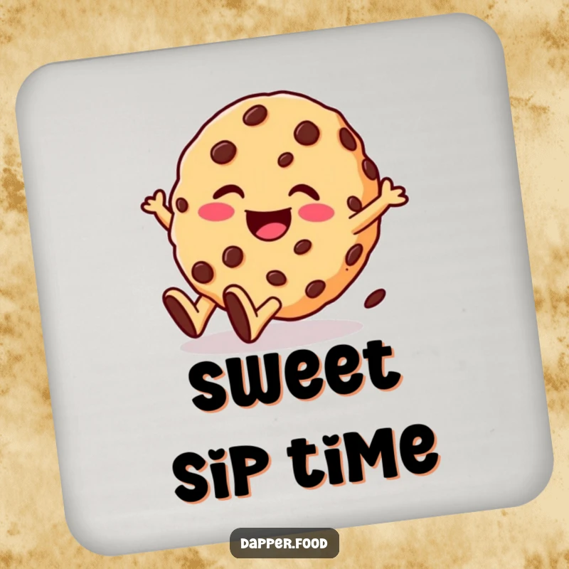 Funny drink coaster depicting a giggling cookie character with chocolate chips rolling downhill with glee. Humorous surface protection.