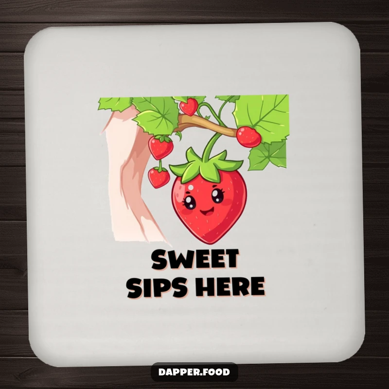Funny strawberry drink coaster featuring a smiling character swinging from a vine, adding a touch of fruity charm.