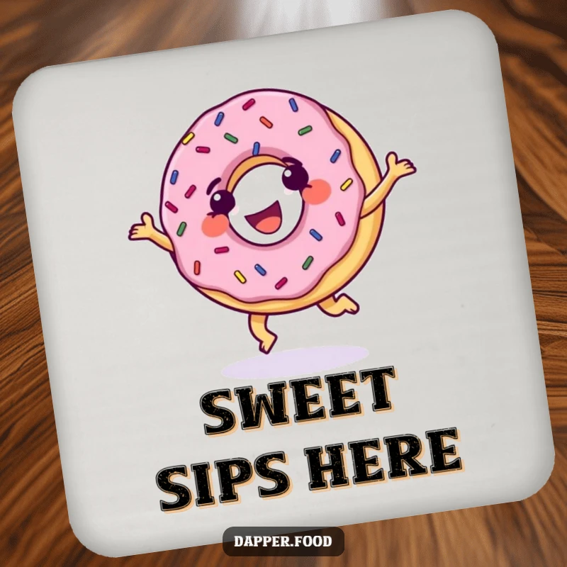 Funny Donut Coasters, grinning with sprinkles, cartwheeling with glee, offering humorous sweet protection for drinkware.