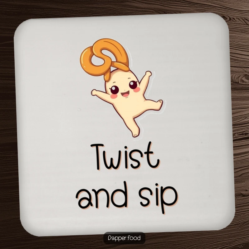 Funny pretzel coaster, a happy snack character cartwheeling with bliss, protects surfaces with joy, ideal funny gift.
