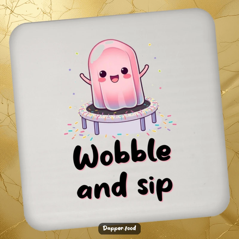 Funny drink coaster with a wobbly jelly happily bouncing on a sprinkle trampoline, offering protection and sweetness.