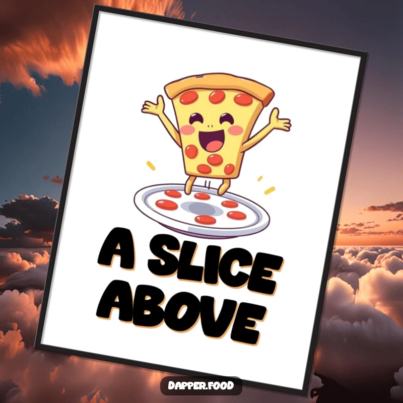 Funny pizza poster depicting a delighted slice of pizza making a dramatic leap from a plate, a humorous and energetic food illustration.